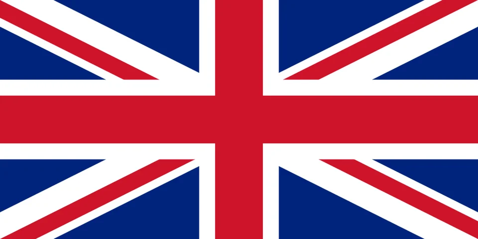 Storbritannias flagg — Union Jack: de kombinerte korsene til sankt Georg, sankt Andreas og sankt Patrick i rødt, hvitt og blått.